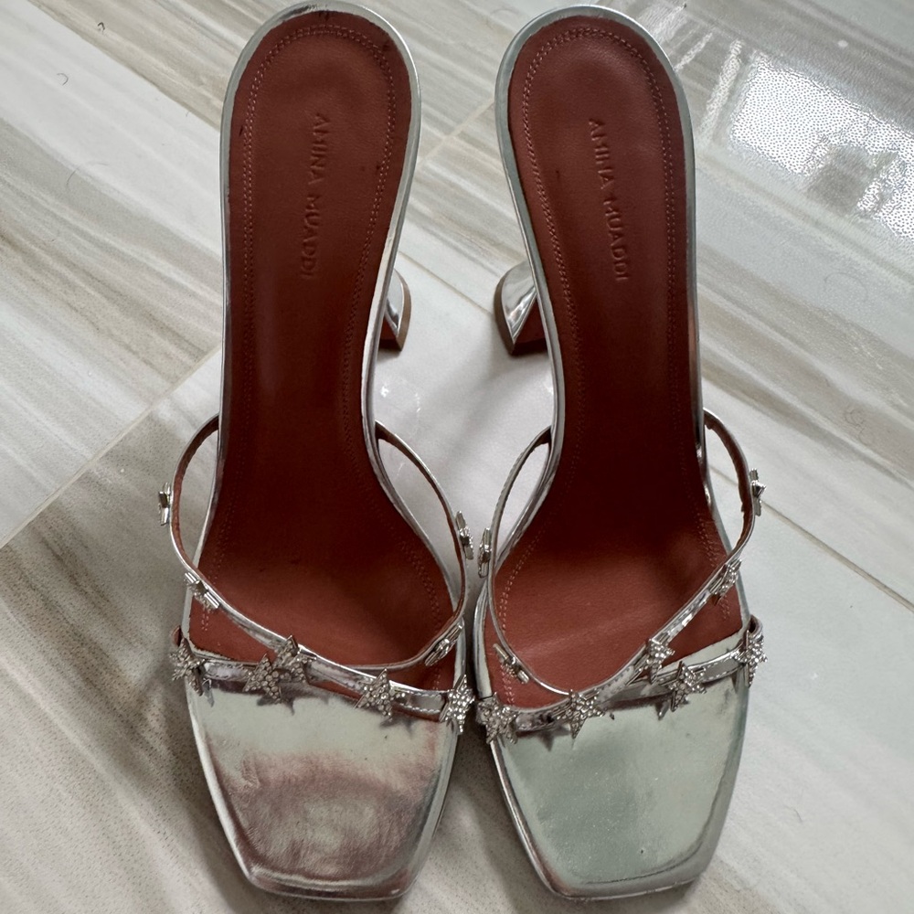 Amina Muaddi Metallic Silver Heels 39.5